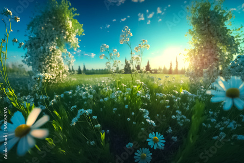 Field of blooming chamomile flowers in the grass in the sun. Spring time, summertime. Beautiful blurred spring background. Spring or summer nature scene with blooming daisies, chamomile spring backgro