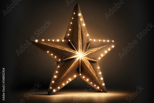Large wooden star with a large amount of lights in front of dark concrete background. Generative AI