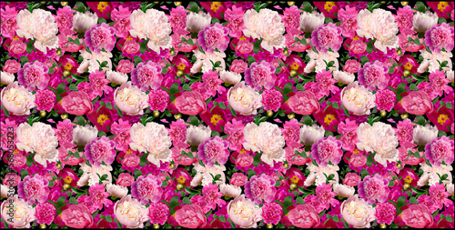 pattern of garden peonies. beautiful flowers on a black background. emplate for fabrics, textiles, paper, wallpaper, interior decoration. banner