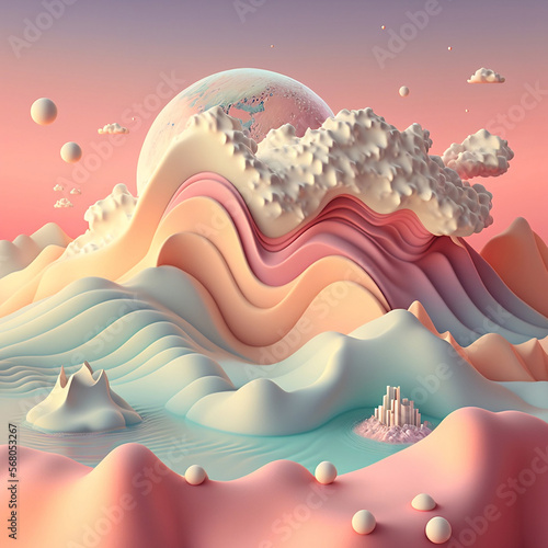 pastel 3d vector effect landscape with mountains and moon 