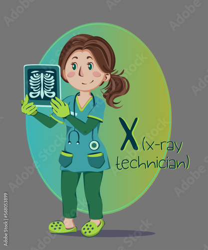 x-ray technician
Illustration of occupations in alphabetical order for children's books or professions day.Letter "x" - x-ray technician in medical uniform holding a picture of the patient's ribs