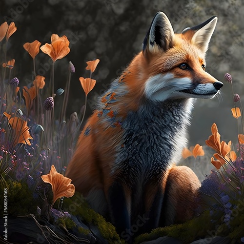 Fox in the meadow of orange wildflowers