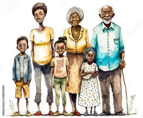 A portrait of a generous and multigenerational African family. Vector illustration for a moving graphic presentation.