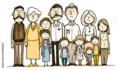 A generational portrait depicting a large, close-knit family. Detailed graphic vector ideal for representing the importance of family.