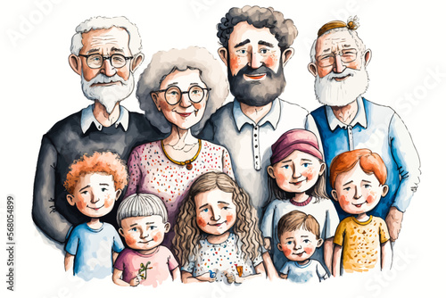 Vector image showing all the generations of a large Israeli family, whose grouped portrait expresses family solidarity and a sense of heritage.