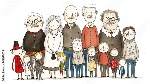 A joyful and friendly group portrait showing all generations together for Christmas. Ideal vector illustration to represent family and sharing.