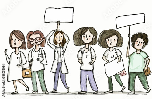 Protesters and doctors carrying white signs to promote their ideals and reforms. Emotionally strong vector illustration suitable for many graphic uses.