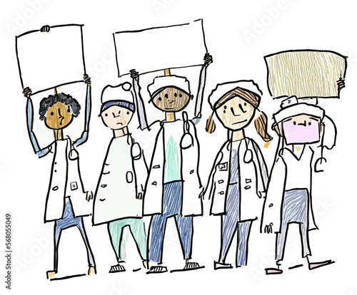 A group of doctors and activists demonstrate, holding blank signs to promote their ideas and reform the political system. A strong and moving vector illustration.