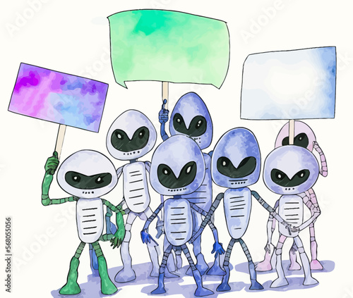 Group of extraterrestrial protesters holding signs to oppose a political reform or an important cause. Vibrant vector illustration perfect for conveying messages and capturing attention.