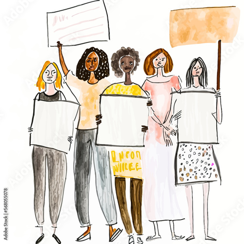 Group of multi-ethnic female protestors and activists with placards advocating for an important political reform or minority rights cause. Illustration in vector format.