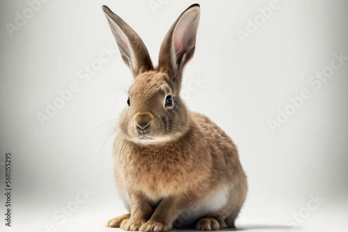 Rabbit in front of a white background watching the camera. Generative AI