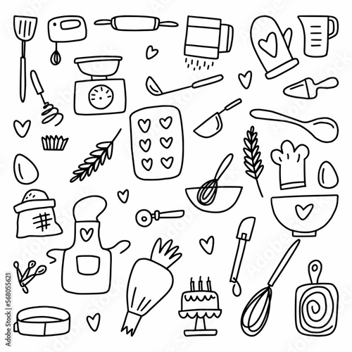 Vector collection of kitchen utensils and baking molds, hand-drawn in doodle style.
