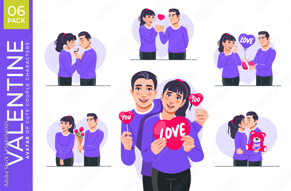 Valentine day cute couple collection bundle isolated. Love is in the air. Avatar design for blogging, website, mobile app, promotional materials. Flat style vector scene isolated on white Combo pack.