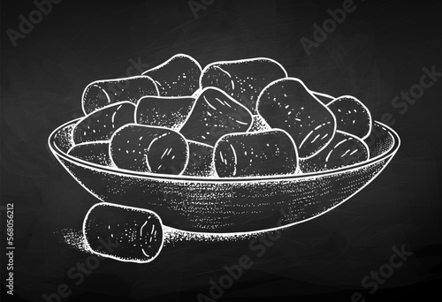Vector chalk drawn sketch illustration of Marshmallows. Vintage style drawing isolated on chalkboard background.