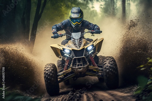 Extreme quad cross MX Rider riding on dirt track ,forest one the background, Generative ai