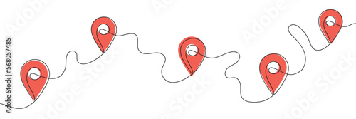 Continuous one-line drawing of red location markers on the map. Map pin with route drawn one line. Vector illustration
