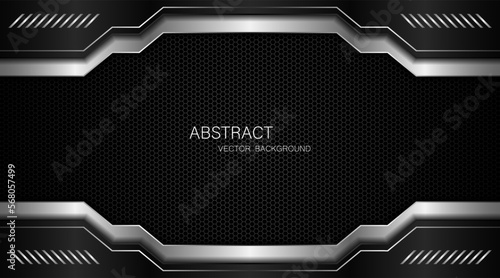 Abstract black and silver polygons on dark steel mesh background. with free space for design. modern technology innovation concept background

