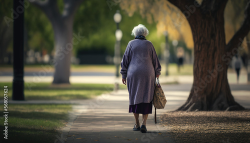 Alone grandmother on her back walking through the park. ia generate