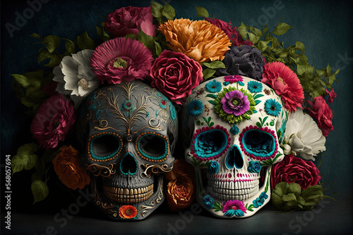 Day of the Dead celebration Sugar Skulls and Flowers