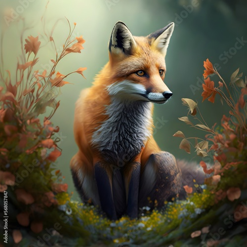 Fox in meadow of orange flowers