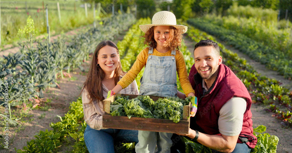 Plant, vegetables and happy family on a farm farming agriculture growth, natural and organic healthy food. Mother, father and child with a big smile from learning harvesting and nature sustainability Plant, vegetables and happy family on a farm farming agriculture growth, natural and organic healthy food. Mother, father and child with a big smile from learning harvesting and nature sustainability