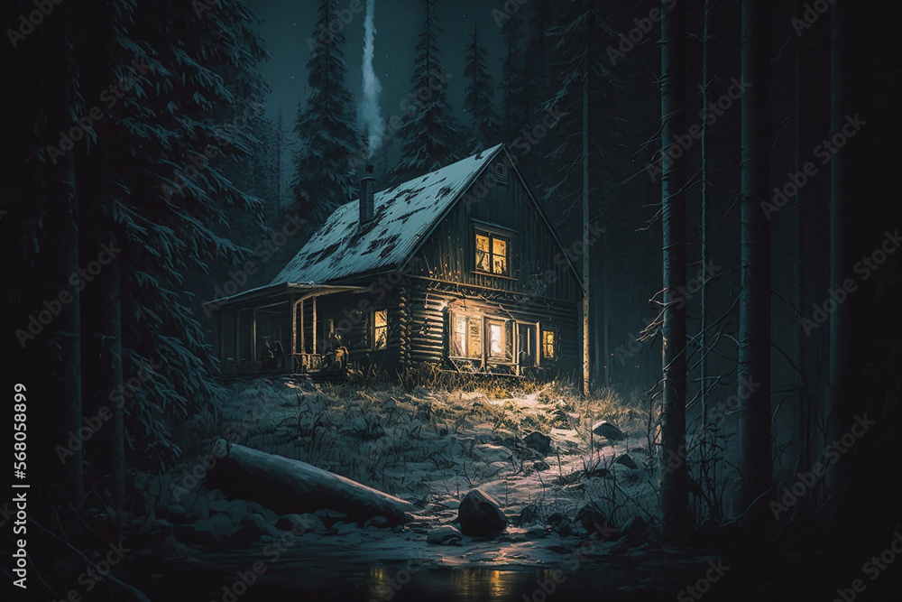 Isolated log cabin in the deep dark woods at night - created with Generative AI