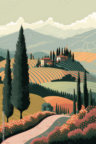 Tuscan Spring vector illustration, spring and summer background, landscape with trees, beautiful, peaceful, colourful, farms, flowers, vineyards - background for banner, greeting card, poster