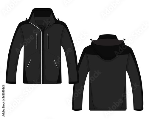 Black hooded outdoor jacket template. Vector illustration