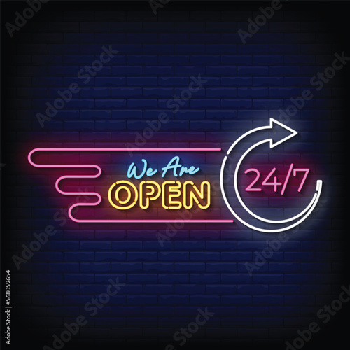 Neon Sign we are open with brick wall background vector