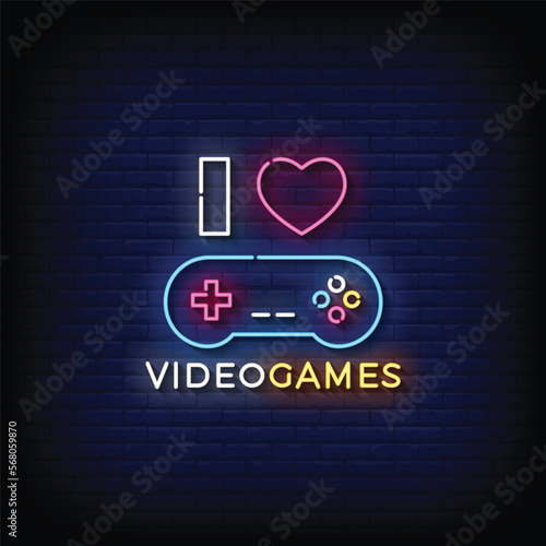 Neon Sign i love video games with brick wall background vector