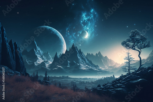 Cosmic Vista: AI-Generated Dark Blue Space Scene with Starry Planets, Cinematic Clouds and Majestic Mountains