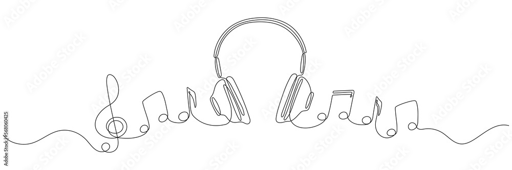 Headphones with music notes continuous one line drawing. Vector isolated on white. Headphones with music notes continuous one line drawing. Vector isolated on white.