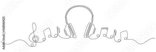 Headphones with music notes continuous one line drawing. Vector isolated on white.