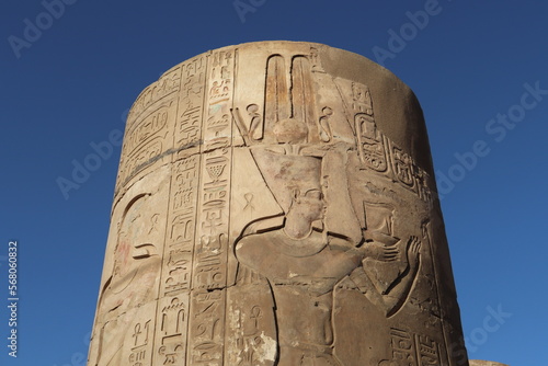 Ancient egyptian carvings at columns of Kom Ombo temple in Aswan 