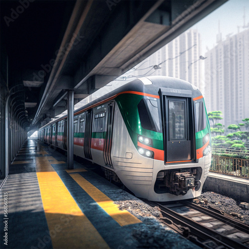 Subway Train in city at sunset. Passing underground train to the tunnel on the subway platform. Electric passenger train drives at high speed among urban landscape. metro railway.