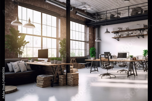 Luxury workspace office decorated with industrial loft modern interior design. Peculiar AI generative image.