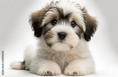 On a white background, a cute havanese puppy dog is sitting frontally and looking at the camera. Generative AI photo