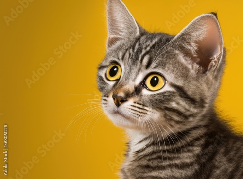 On a yellow background with copy space, a small tabby kitten. Isolated gray cat with copy space on a colored background. young animal with a questioning, curious expression. Generative AI