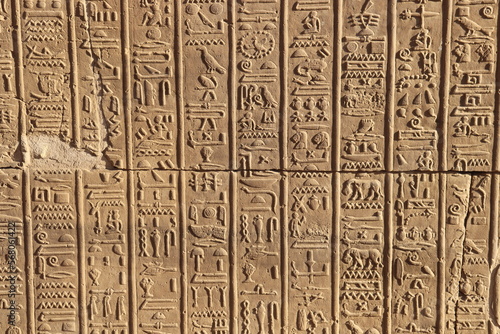 Ancient egyptian hieroglyphs at the walls of Kom Ombo in Aswan  Egypt 