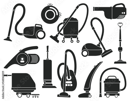 Vacuum cleaner vector black icon set . Collection vector illustration device vac on white background. Isolated black icon set vacuum cleaner for web design.