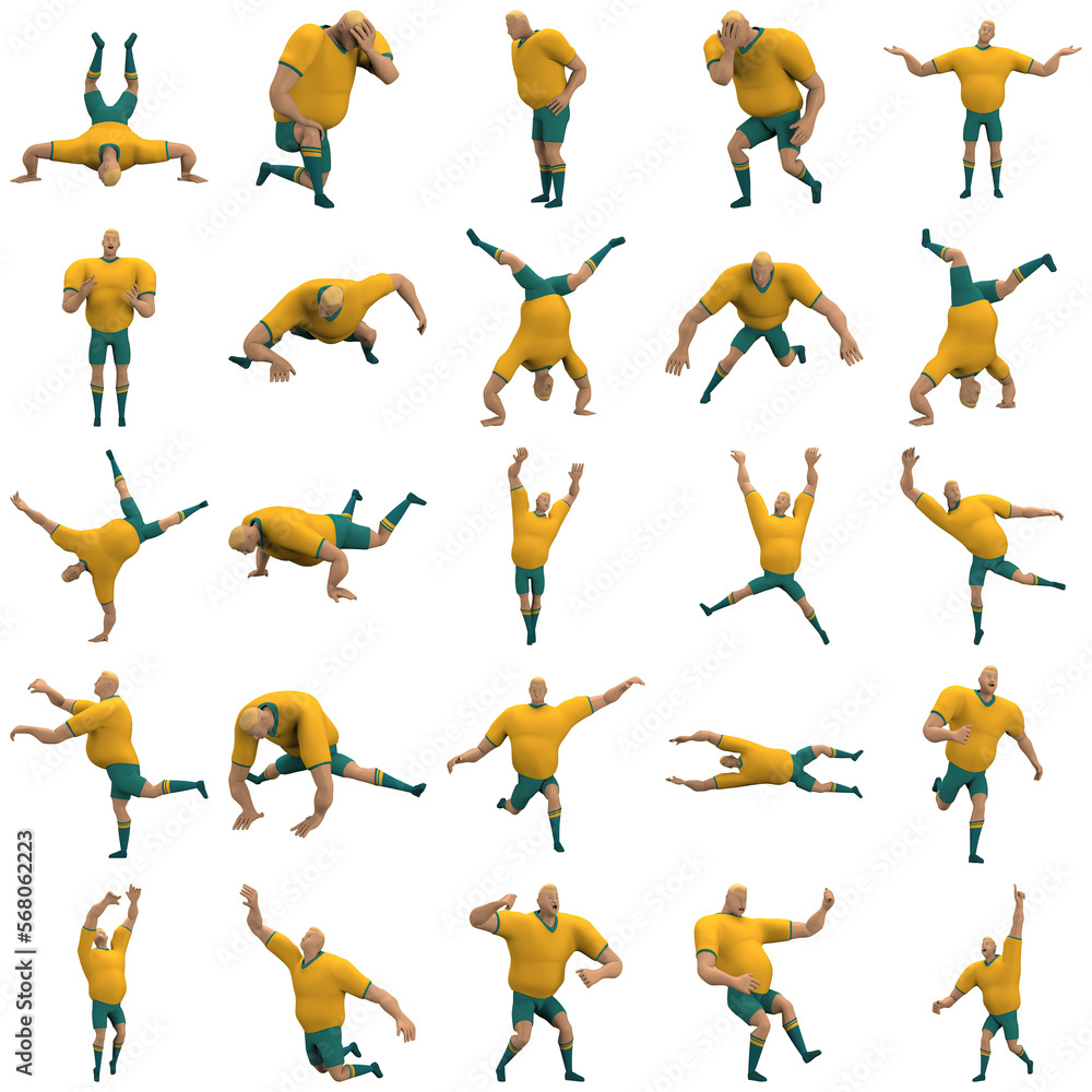 An athlete wearing a yellow shirt and green pants is expression of body or doing exercise. 3d rendering of cartoon character in acting. An athlete wearing a yellow shirt and green pants is expression of body or doing exercise. 3d rendering of cartoon character in acting.