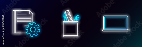 Set line Laptop, Document settings with gears and Pencil case stationery icon. Glowing neon. Vector