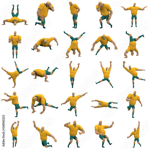 Fototapeta Naklejka Na Ścianę i Meble -  An athlete wearing a yellow shirt and green pants is expression of body or doing exercise. 3d rendering of cartoon character in acting.
