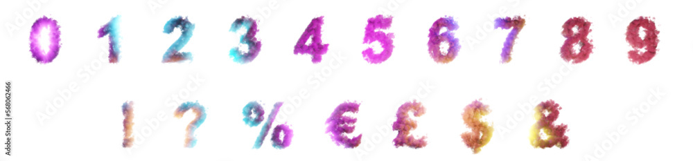 Cloud numbers on transparent background. Numbers and symbols made of clouds. Colorful set of different symbols and all numbers in shape of smoke or clouds.