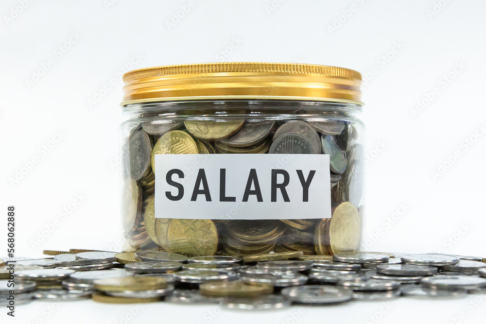 Salary label on coin jar with white background Salary label on coin jar with white background