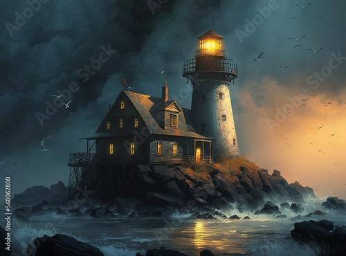 Dark and ominouse lighthouse - created with Generative AI