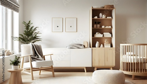 The epitome of posh and grace Generative ai, babies, Scandinavian design, a minimalist nursery, a bed, some furniture, a few toys, and some wall art