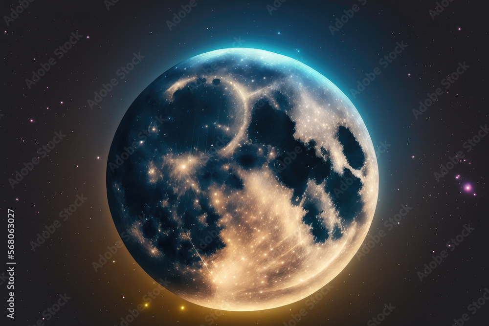 Full moon in blur over a dark night sky background. Generative AI
