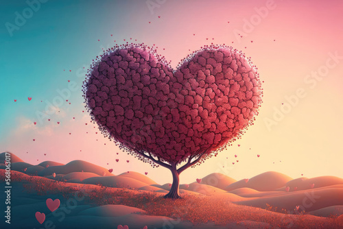 Pink tree of heart shape with sweet background for Valentine’s Day. Love care concept. Generative AI illustrations.