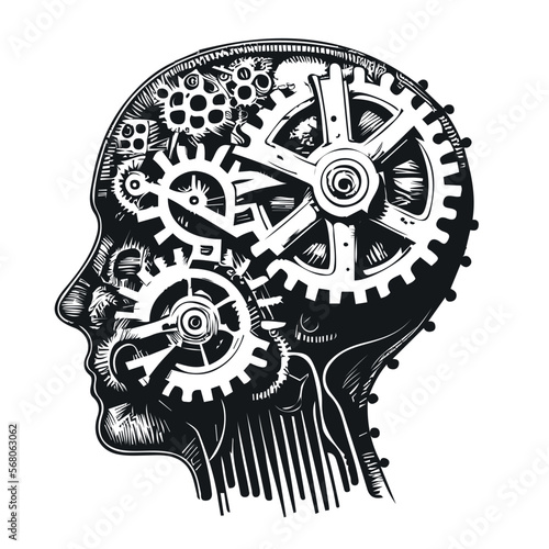 Abstract human head with mechanism inside hand drawn sketch illustration